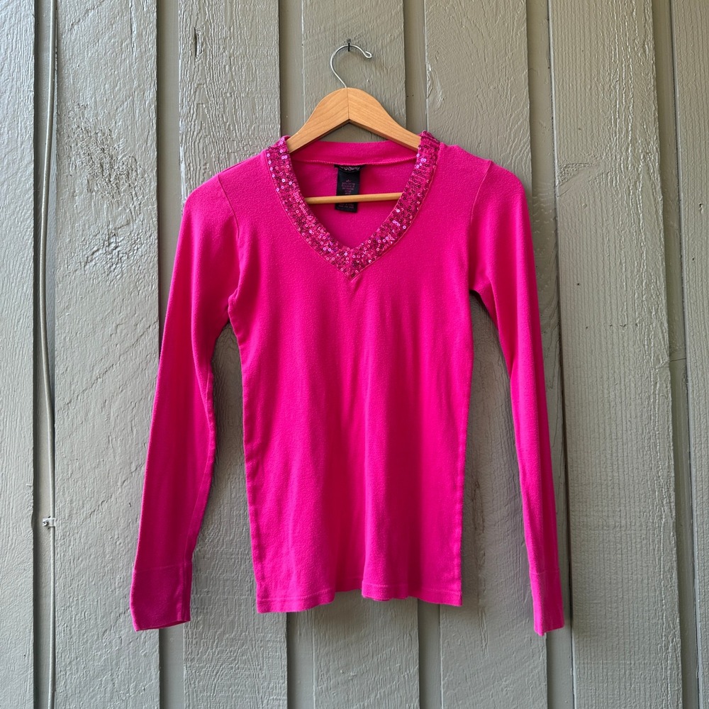 Anxiety Sequin V-Neck Top Girls Large Hot Pink Cotton Long Sleeve Y2K McBling